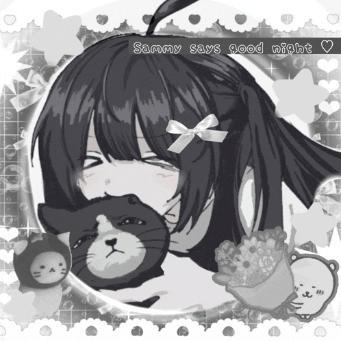 a black and white drawing of a girl with the words sammy says good night at the bottom
