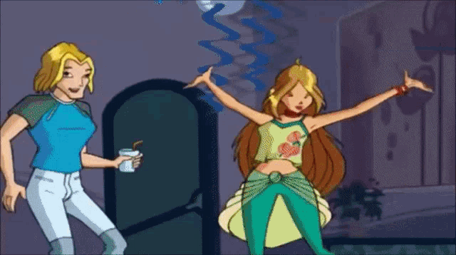 a cartoon of a woman holding a cup and another woman dancing