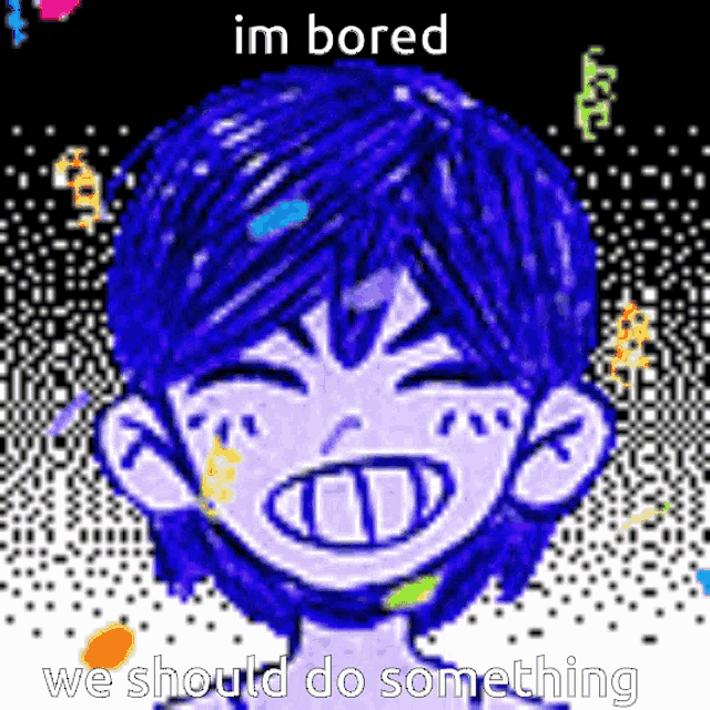 a pixel art drawing of a boy with blue hair and the words `` im bored we should do something '' .