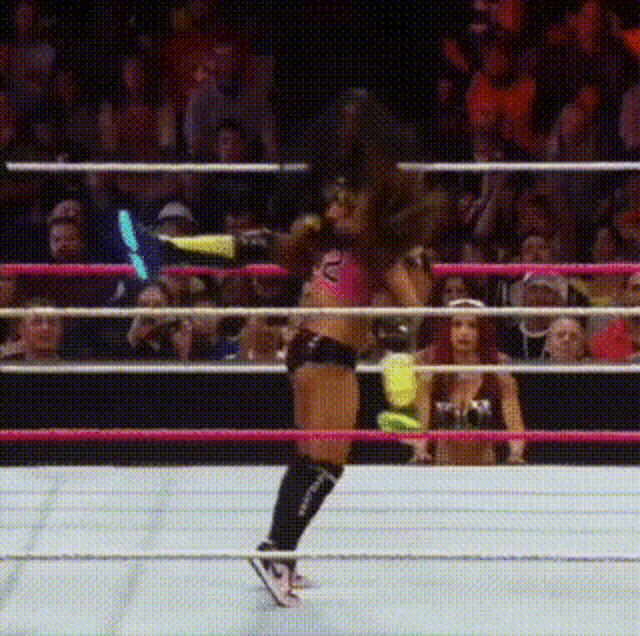 a female wrestler in a pink outfit with the letter s on her shorts