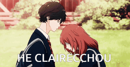 a boy and a girl are looking at each other with the words he clairechou written above them