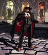 a man in a suit with a red cape is standing on a tiled floor