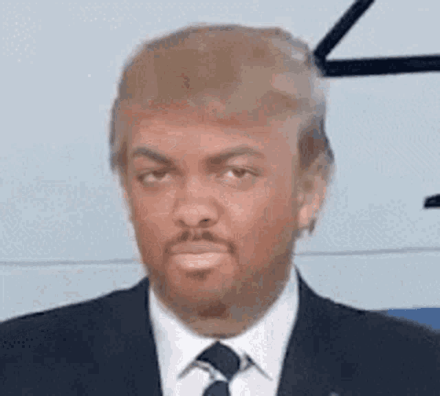 a man in a suit and tie with a wig on his head is looking at the camera .