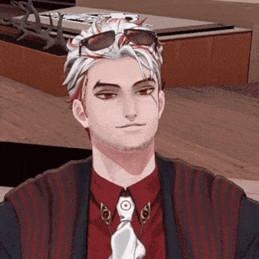 a man with white hair and red eyes wearing sunglasses and a red shirt
