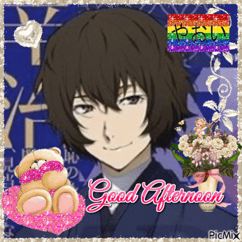 a picture of a man with flowers and a teddy bear that says " good afternoon "