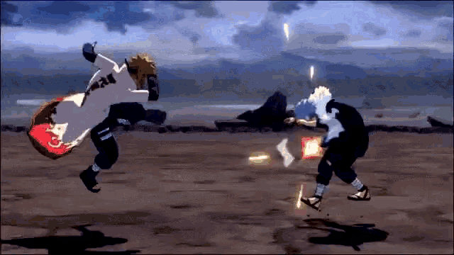 a man in a white coat with the number 11 on it is fighting another man