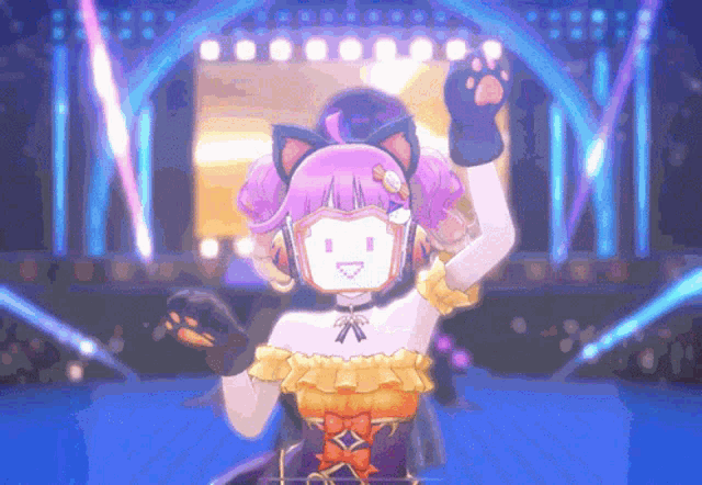 a girl with a cat costume on is dancing on a stage