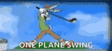a cartoon of a man swinging a golf club with the words `` one plane swing '' written below him .