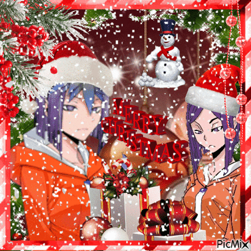 a picture of two anime characters holding presents with the words merry christmas in the background