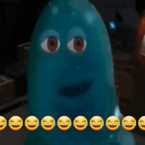 a blue cartoon character is surrounded by laughing emojis and crying emojis .
