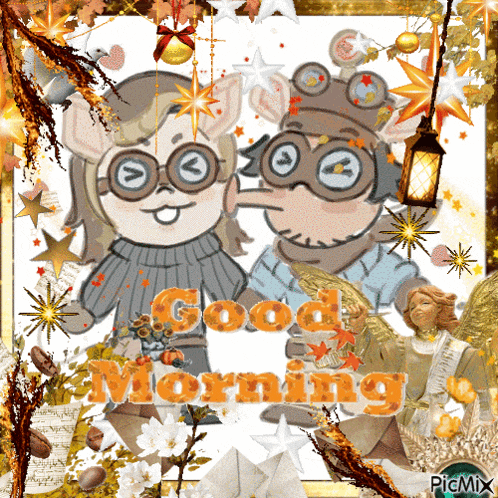 a picture of two cartoon characters with the words good morning written above them