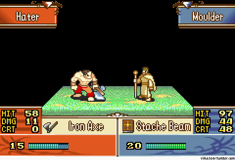 a screenshot of a video game with two characters named hater and moulder standing next to each other