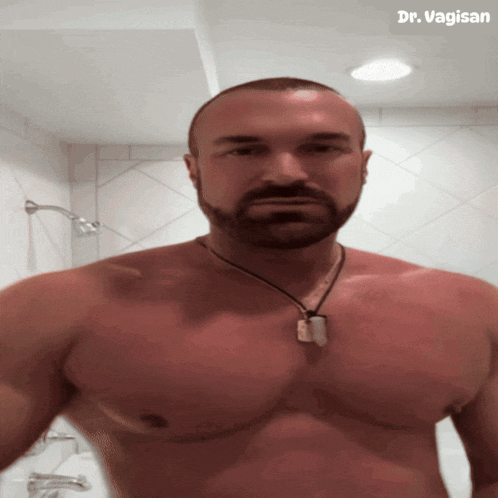 a shirtless man in a bathroom with the name dr. vagisan on the bottom