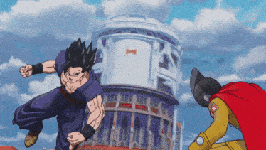 a cartoon of a man jumping in front of a building with a dragon ball symbol on it