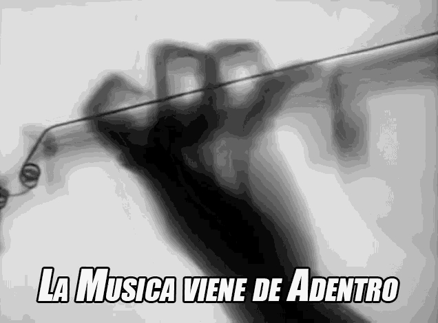 a black and white photo of a person playing a violin with la musica viene de adentro written in white letters