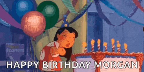 a cartoon character is blowing out candles on a birthday cake while wearing a party hat .