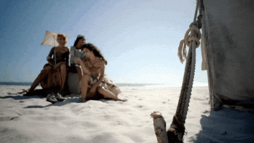 a group of people sitting on a sandy beach