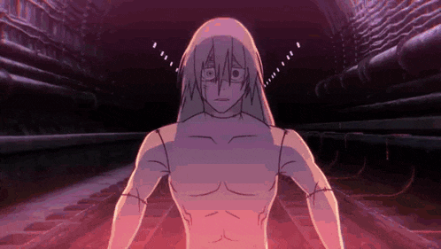 a naked anime character is standing in a tunnel with a purple background .