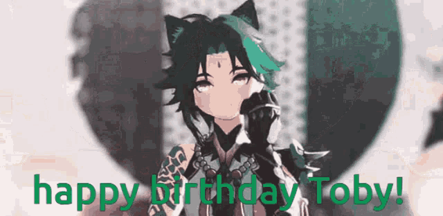 a cartoon character with cat ears and the words `` happy birthday toby '' on the bottom .