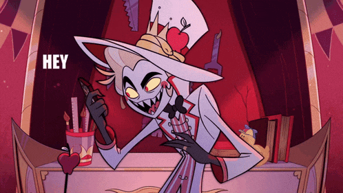a cartoon character with a top hat and a heart on it says hey