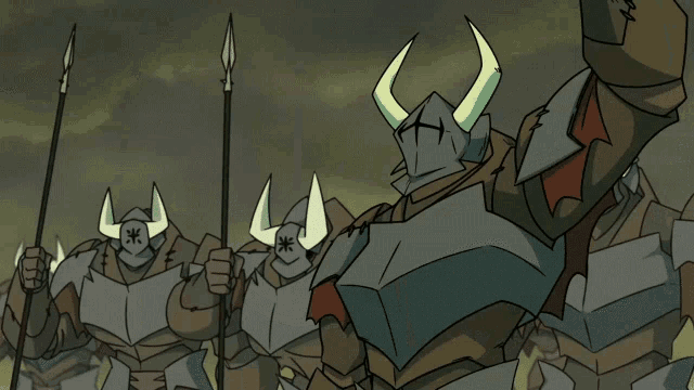 a cartoon of a group of warriors with horns holding spears