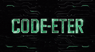 the word code-eter is glowing in green on a black background