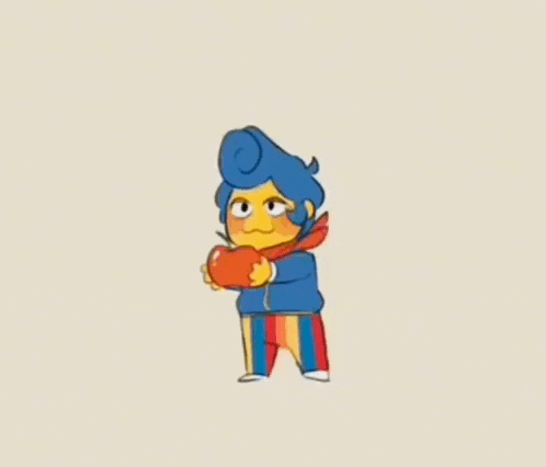 a cartoon character is holding an apple on his head while dancing .
