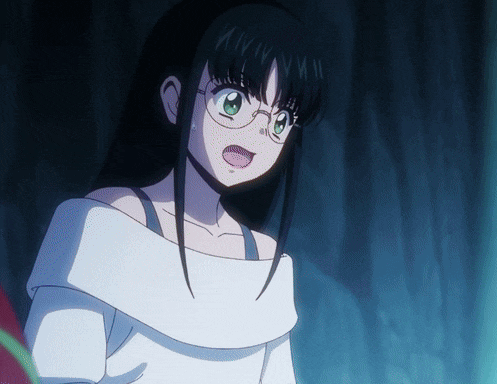 a girl wearing glasses and a white shirt has a surprised expression on her face