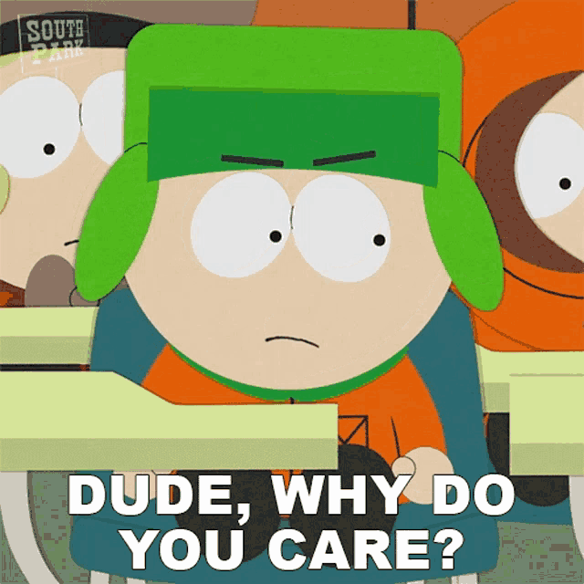 a cartoon character with a green hat says dude why do you care