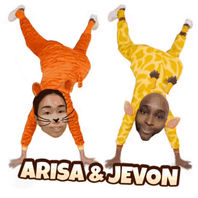 a woman in a tiger costume and a man in a giraffe costume doing a handstand