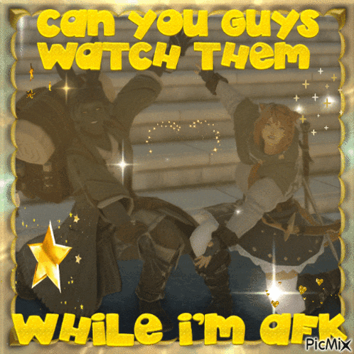 a picture of two people with the words " can you guys watch them while i 'm asleep "