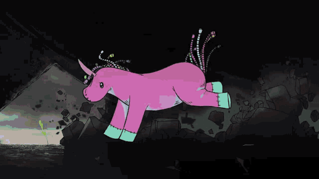 a cartoon of a pink unicorn with a rainbow mane