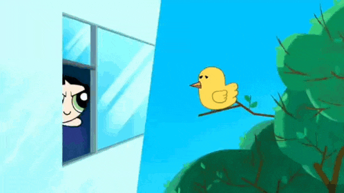 a cartoon character is peeking out of a window while a yellow bird is perched on a branch .
