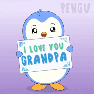 a penguin holding up a sign that says i love you grandpa