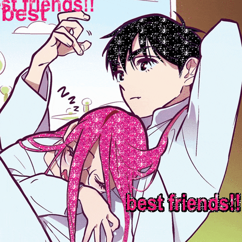 a girl with pink hair is sleeping on a man 's chest with the words best friends written above them