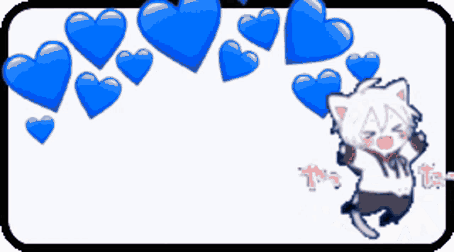 a white cat with blue hearts surrounding it