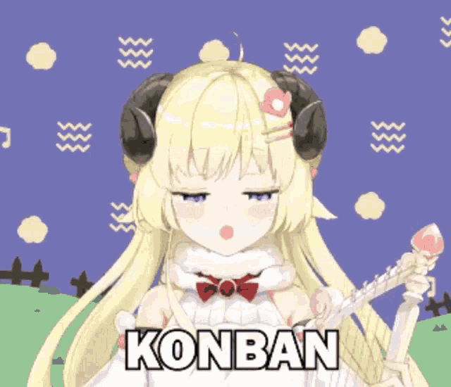 a girl with horns is holding a harp and the word konban is above her head