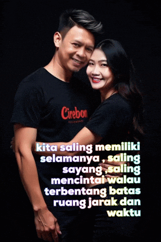 a man and a woman standing next to each other with the man wearing a shirt that says cirebon