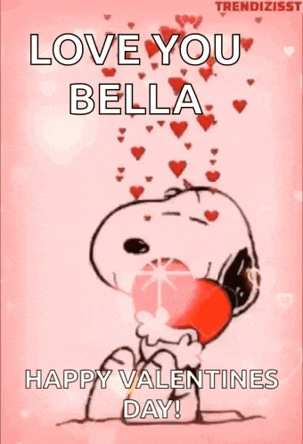 snoopy is holding a heart in his mouth and says love you bella happy valentine 's day