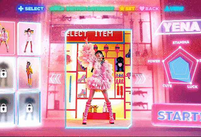 a woman in a pink dress is standing in front of a sign that says ' select item '