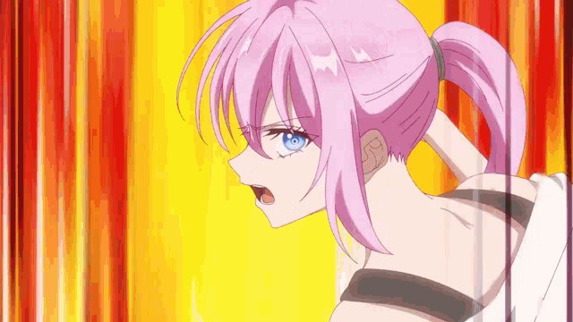 a girl with pink hair and blue eyes is standing in front of a yellow background .