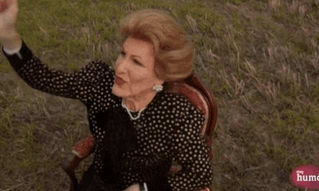 a woman is sitting in a chair in a field with the humc logo on the bottom