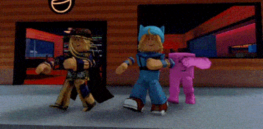 a group of roblox characters are dancing in front of a restaurant .