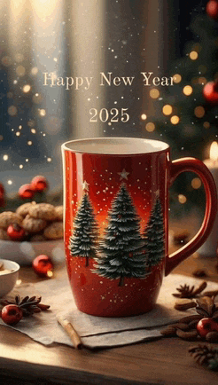 a red cup with christmas trees painted on it and the year 2025