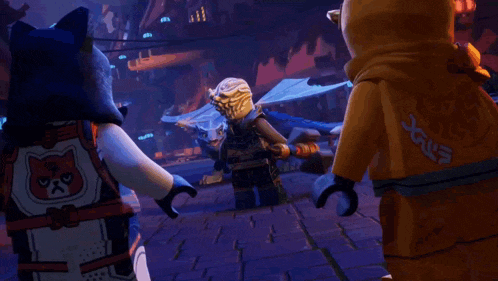 a group of ninjago characters are standing on a brick sidewalk