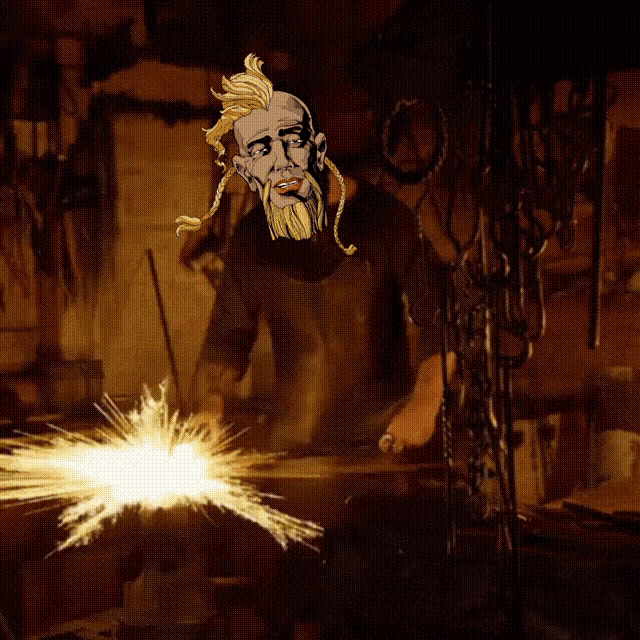 a cartoon of a man with a beard and braids holding a torch