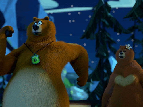 a cartoon bear with a flower on its head is standing in a forest