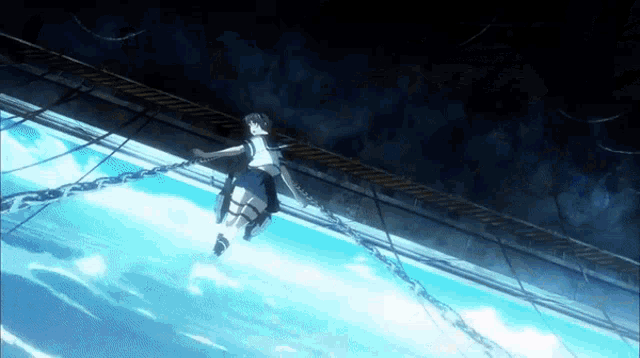 a girl in a school uniform is hanging from a chain