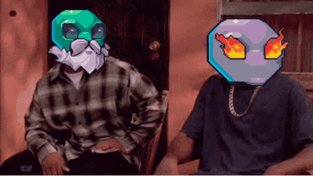 two men are sitting next to each other and one has a cartoon face on