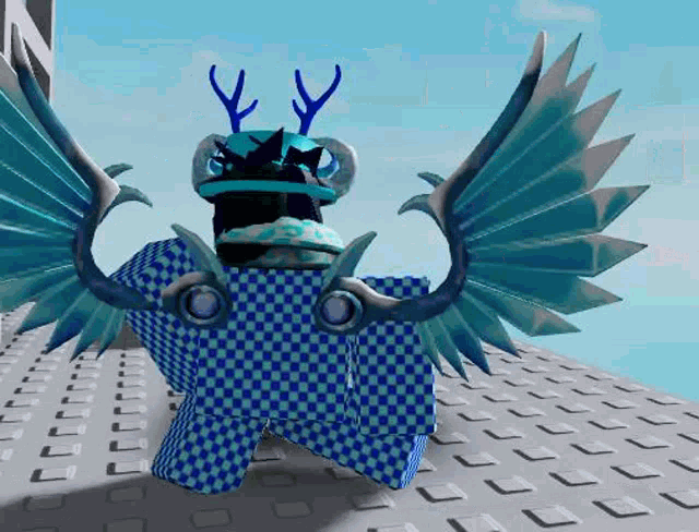 a 3d rendering of a person with wings and antlers on their head .